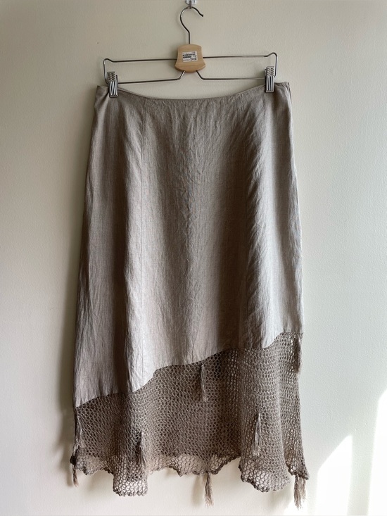 Stapf Dresses & Skirts - STAPF Austria 100% Linen Boho Midi Skirt Asymmetrical Crochet Hem Size 42 US 10